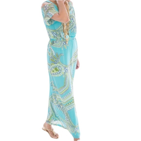 Chicos Blue Green and White Paisley Cold‎ Shoulder Modest Maxi Dress Size 2 or M - Picture 1 of 15